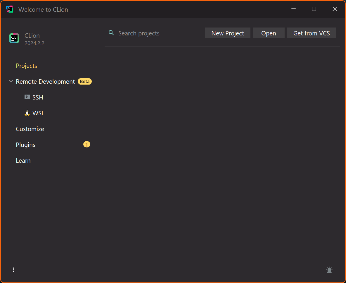 CLion welcome screen